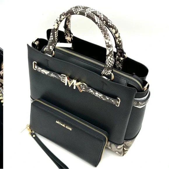 Michael Kors Large Reed Satchel Crossbody Bag & Large Continental Wallet Black